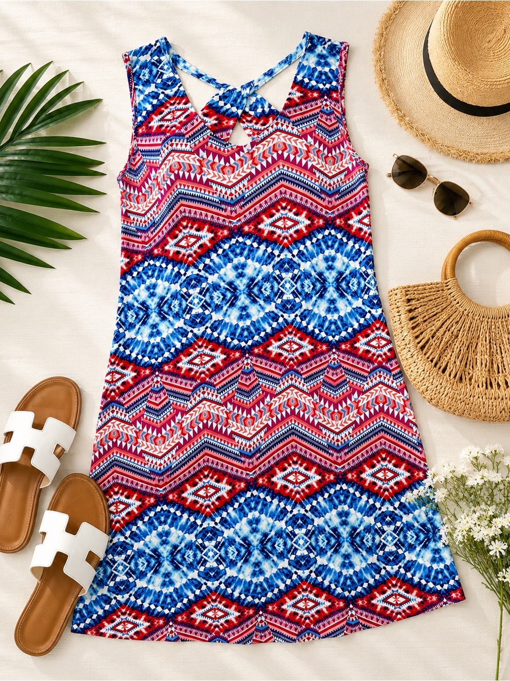 Red White & Blue Sleeveless Shift Dress Aztec Tribal Print XL 4th of July